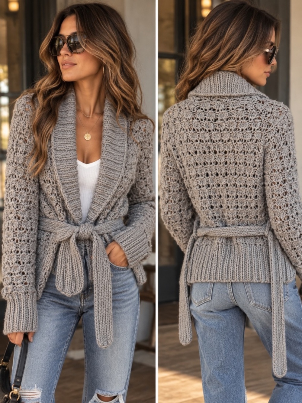 Kenji Gray Hand Knit Cardigan Belted Size M NWOT